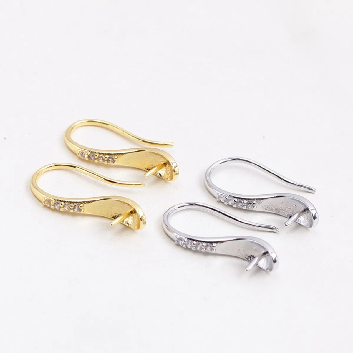 Brass 14K Gold Plated High Heel Shape Cubic Zirconia Pearl Ear Hook Blank Setting, Color Retention DIY Jewelry Findings