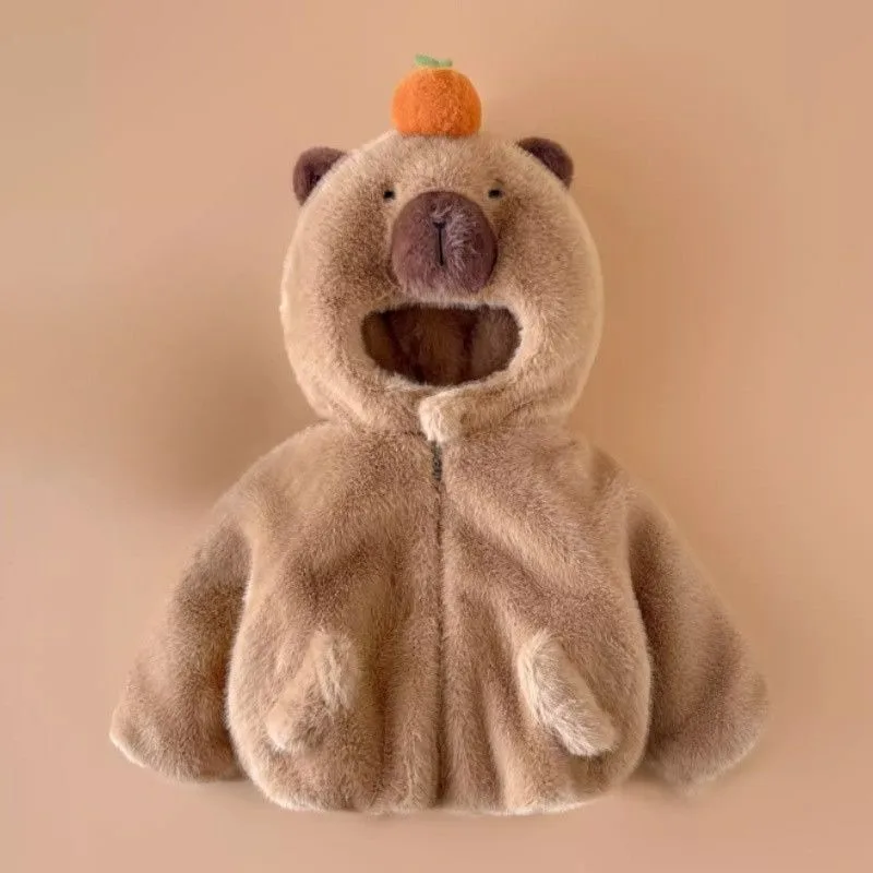 

Cute Capybara Plush Hoodie Soft Fleece Warm Jacket Cozy Zipper Hooded Coat with Orange Decoration Plush Adorable Gift for Family