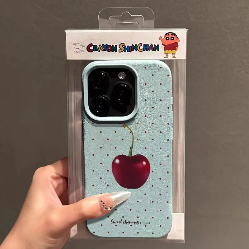 Sweet Red Polka Dot Cherry Fashion TPU Imitation Leather Phone Case For iPhone 16 Plus 15 14 13 12 11 Pro Max Shock-absorbing
