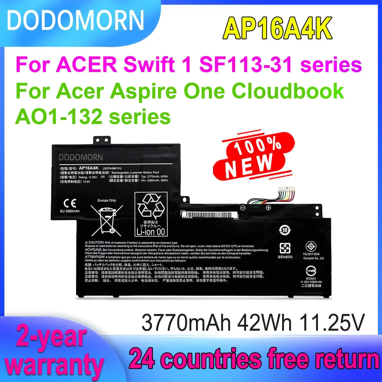 

DODOMORN AP16A4K Laptop Battery For Acer Swift 1 SF113-31 SF113-31-P57A For Aspire One Cloudbook AO1-132 11.25V 42Wh 3770mAh