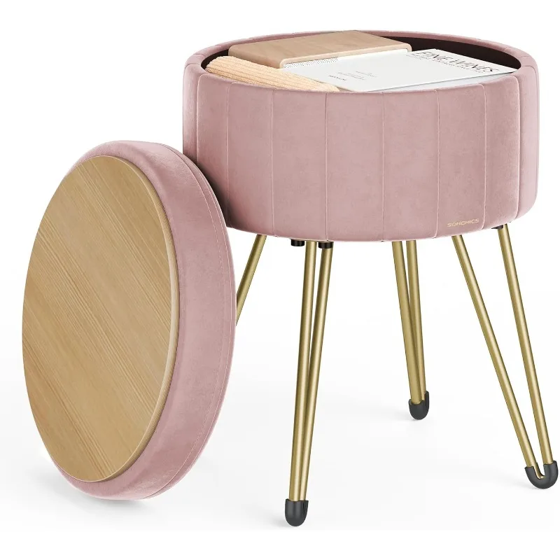 

Vanity Stool Chair, Small Ottoman Stool with Storage, Velvet Makeup Chairs, 15.4 Dia. x 17.5 H Inches, 4 Metal Legs