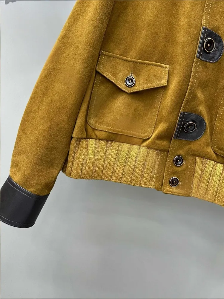 เสื้อแจ็คเก็ตหนังแท้สำหรับผู้หญิง คอตั้ง แขนยาว สไตล์ลำลอง แฟชั่นไฮสตรีท เสื้อคลุมตัวนอก แต่งผ้าหนังกลับและหนังแกะ เสื้อโค้ทสั้นสำหรับผู้หญิง