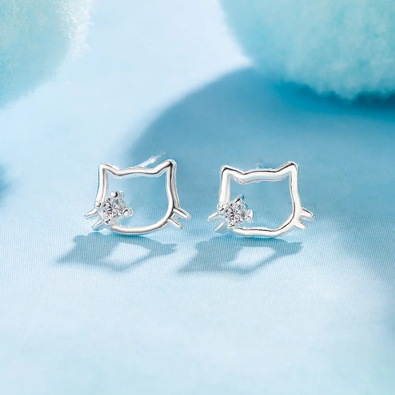 Real Money 925 Sterling Silver Simple Cute Kitty Screw Stud Earrings for Women Girls Party Jewelry Gift Pendientes Mujer Moda