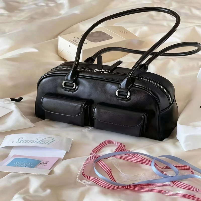 Tas Tangan Bowling Coklat Kapasitas Besar Tas Bahu Wanita Tas Tren Mode Baru Musim Gugur Musim Dingin Gaya INS Korea Retro ﻿