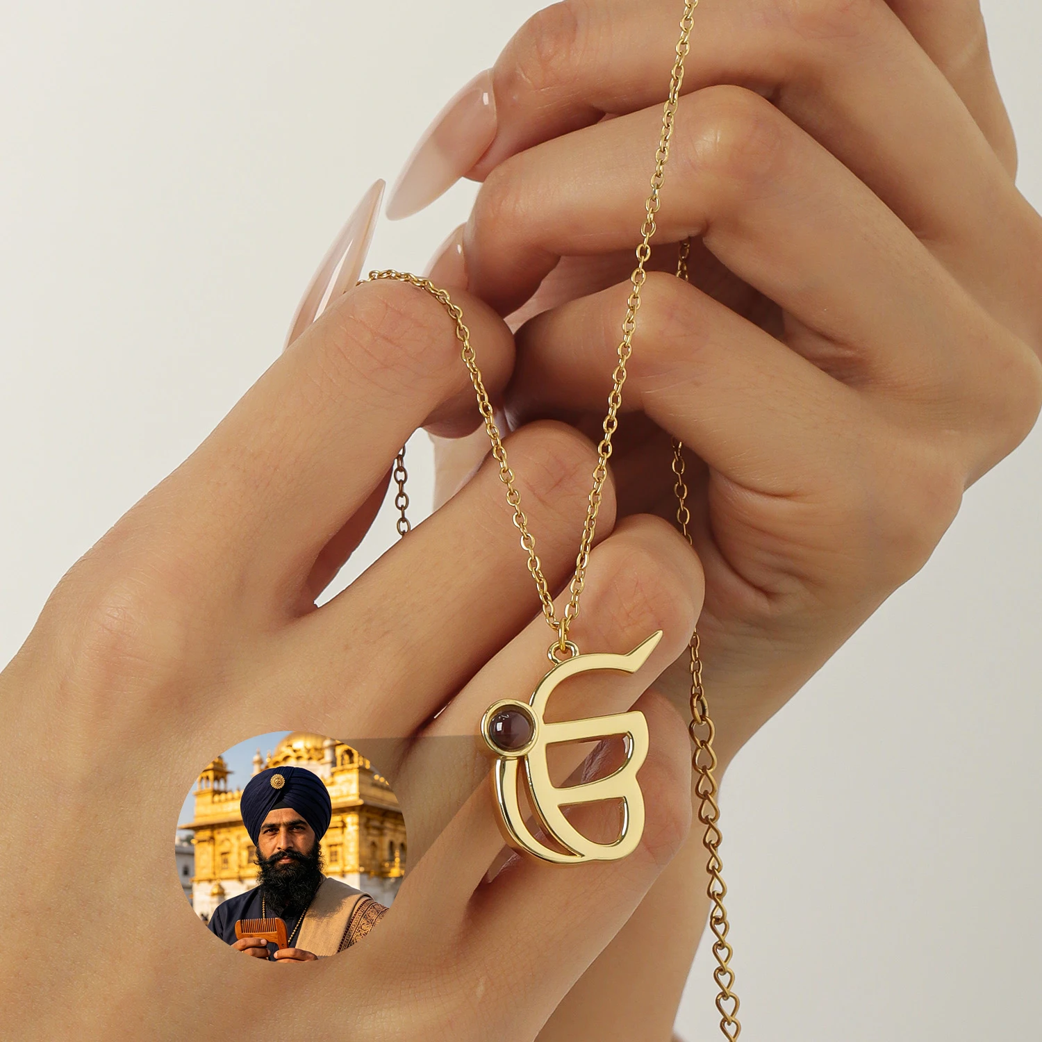 

Custom Ik Onkar Projection Necklace Personalization Punjabi Photo Necklace Trisul Symbol Sikh Khanda Pendant Unisex Jewelry