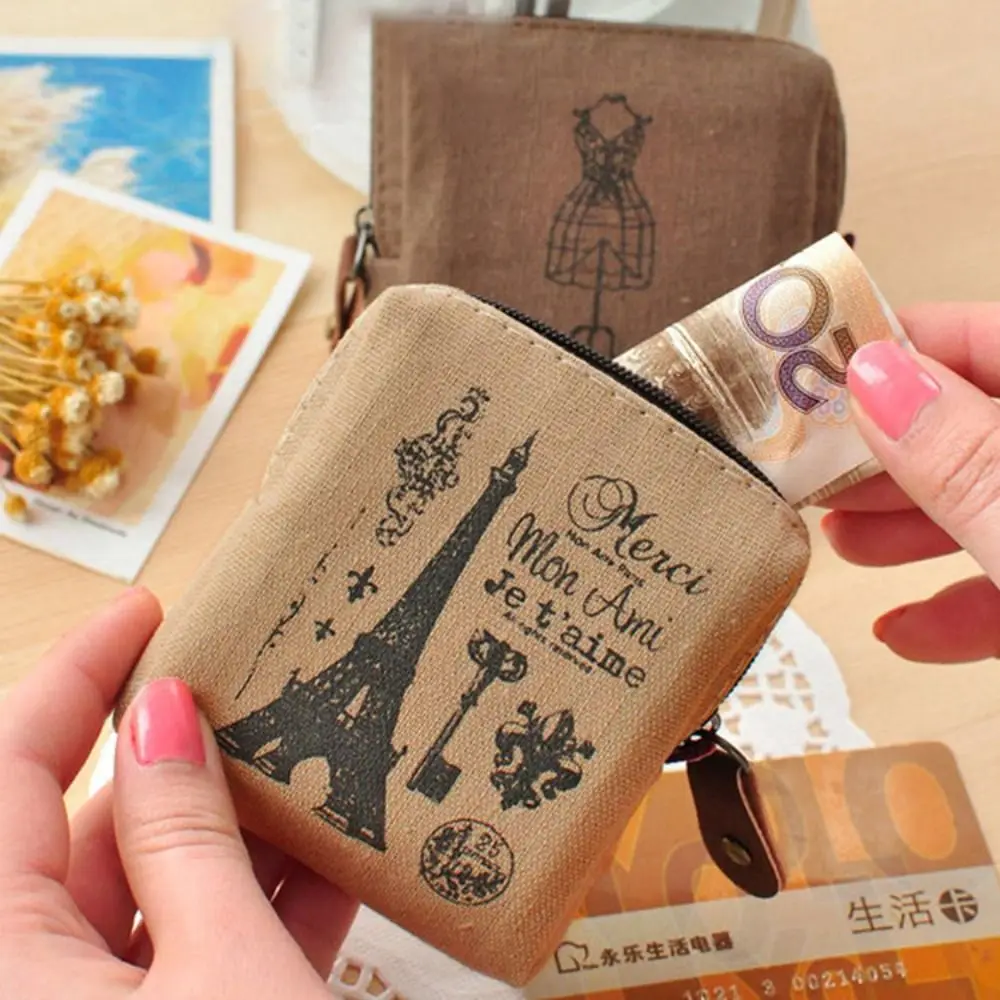 심플 천 소재 레트로 동전 지갑 빈티지 프린트 미니 화장품 가방 지퍼 카드 홀더 지갑 여성용