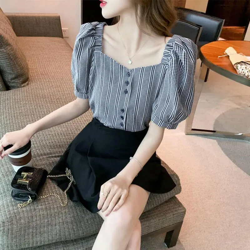 Women Summer New Style Fashion Simplicity Plaid Square Collar Short Sleeve Shirts Women Clothes Vintage All-match Loose Tops