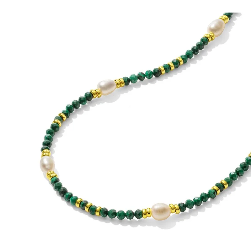 

Minar New Trend Green Natural Stone Malachite Splicing Freshwater Pearl Beaded Necklace for Women Real Gold Plated Copper Choker