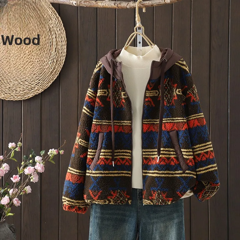 

Осенне-зимний утепленный кардиган с капюшоном для женщин, теплая меховая верхняя одежда, модный ретро-стиль, на молнии