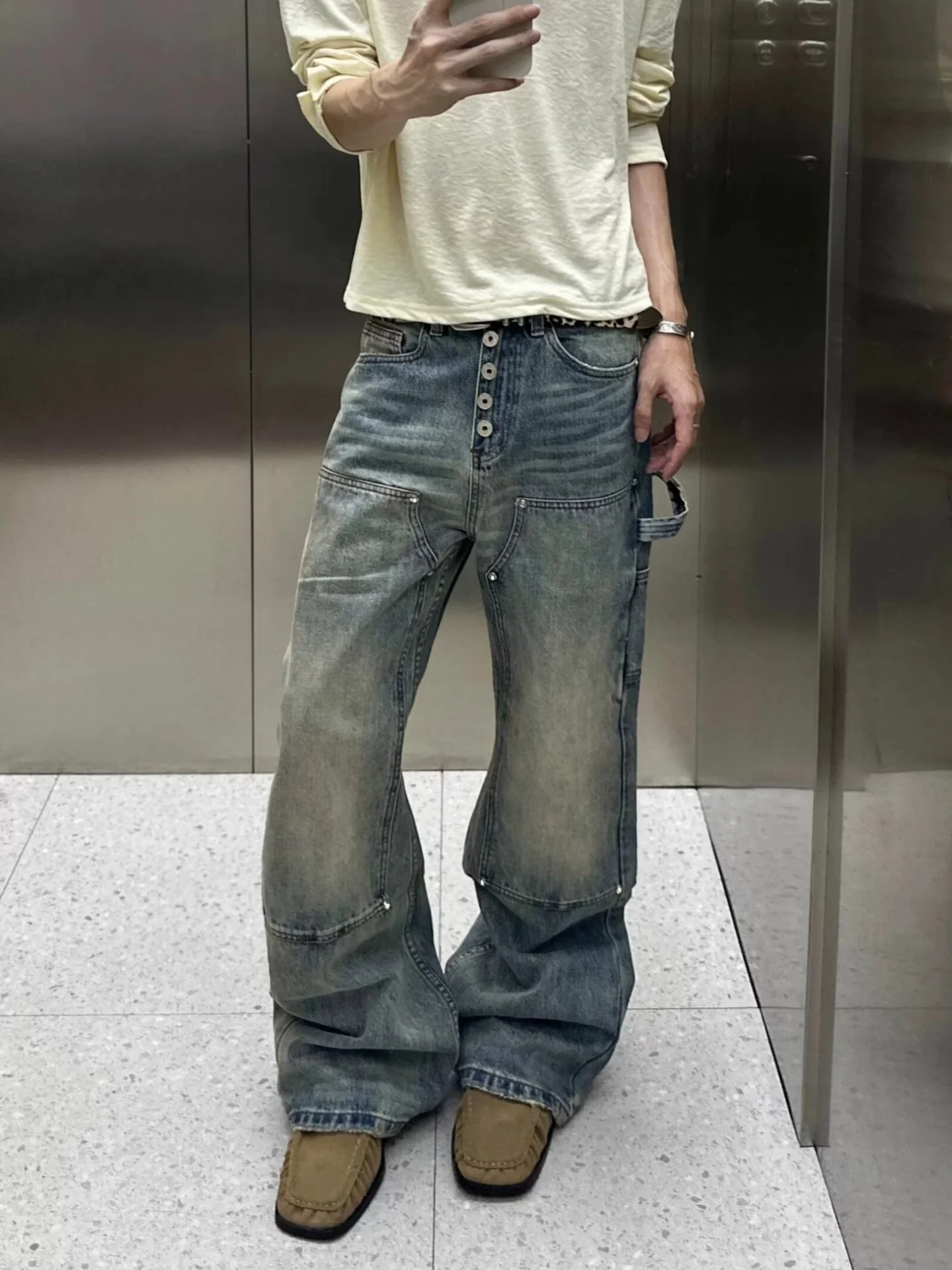 American Style Street Double Knee Workwear Jeans Men Spring Autumn Washed Straight Loose Long Pants Multi Button Casual Jeans
