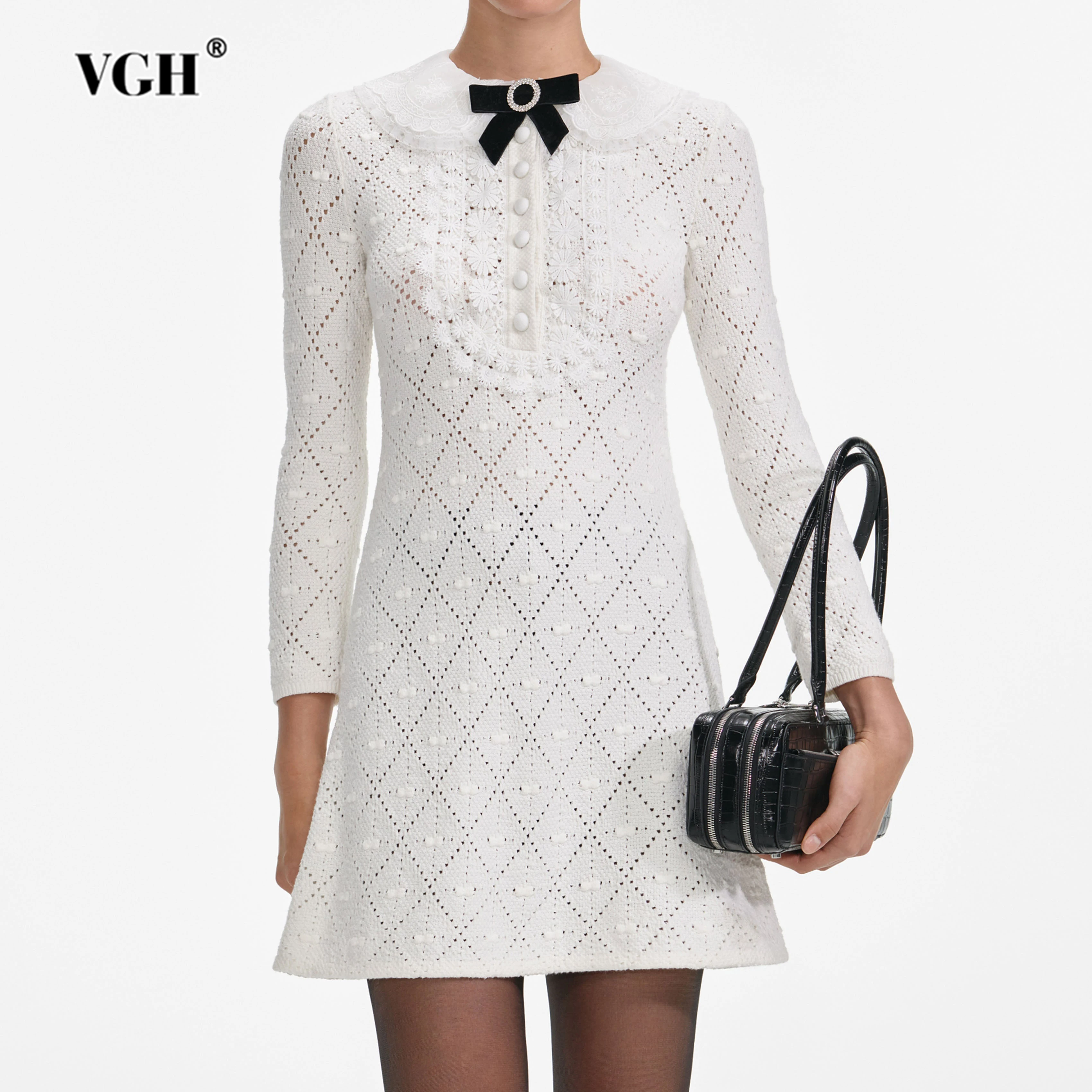 

VGH Solid Slimming Elegant Mini Dresses For Women Round Neck Long Sleeve High Waist Spliced Bowknot Cute Dress Female Fashion