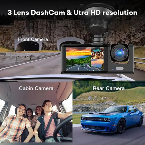 Imagen 2 del producto Cámara 2/3 1080P WIFI Dash Cam para coches, frente doble e interior, cámara de coche con visión nocturna IR, gran angular, grabación en bucle DVR para coche