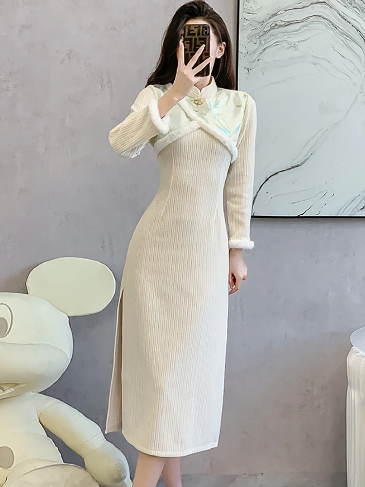 

Autumn Winter White Jacquard Patchwork Stand Collar Long Dress Women Korean Elegant Luxuy Gown 2025 New Bodycon Festival Dresses