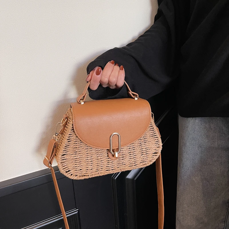 

Straw Beach Bag PU Leather Summer Shoulder Bag Handmade Handbag Top Handle Purse for Women