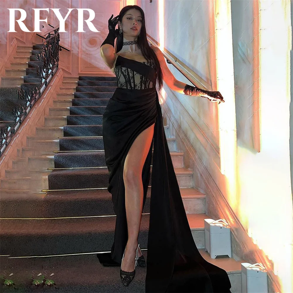 

RFYR Sexy Black Evening Dress with Pleats Satin Scoop Sleeveless Prom Gowns with Split Trumpet Lace Celebrity Dress Customized