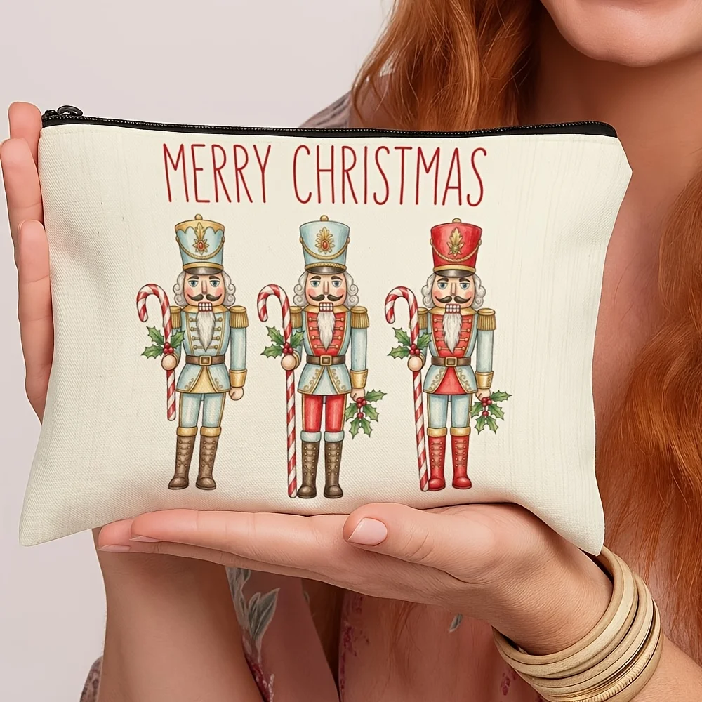 Christmas Nutcracker Makeup Bag Soldier Candy Cane Print Cosmetic Pouch Travel Storage Xmas Holiday Gift