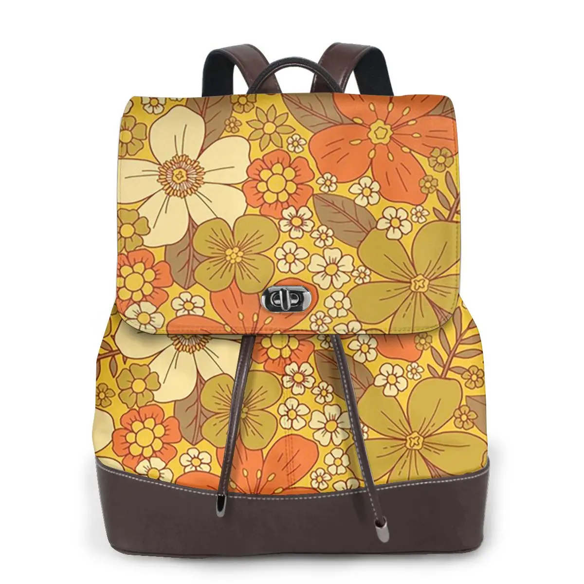 Retro 60s 70s Orange And Olive Green Floral Flower Bookbag School Student Bags Hiking Travel Daypack for Women Derma Backpack