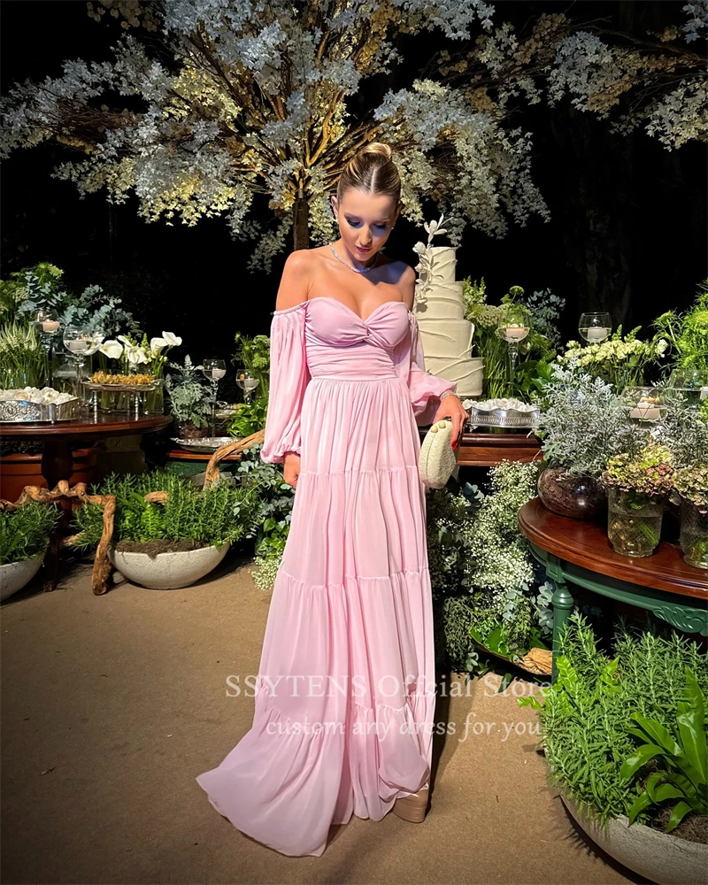 Elegant Chiffon Evening Dresses Off the Shoulder Long Sleeves Arabic Women Prom Gowns Wedding Guest Formal Occasion Party Dress