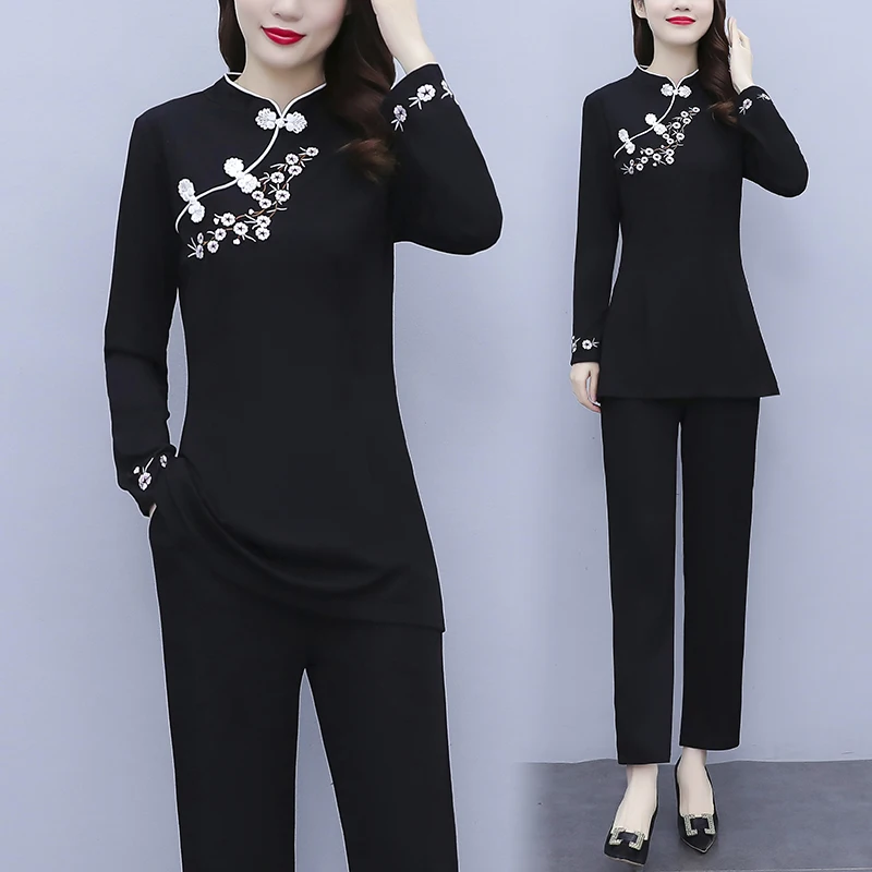 

2 Piece Sets Womens Outfits Autumn New Improved Embroidered Cheongsam Slim Suit