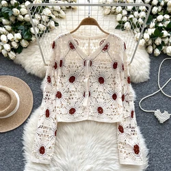 Women Crochet Knit Top Long Sleeve Button Front Embroidery Floral Striped Open-knit Cardigan Sweater Teen-girl Boho Beach Outfit