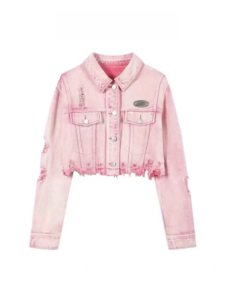 

Sweet Spicy Retro Pink Denim Jacket Women's Loose Casual Short Style Autumn New Design Break Hole Outerwear Top