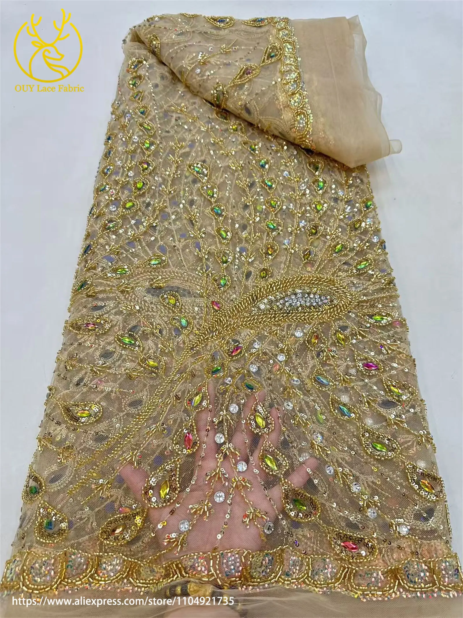 Teakrot Eleganter Afrikanischer Luxus-Spitzenstoff 2026 Luxuriöser Nigerianischer Französischer Perlen-Pailletten-Spitzenstoff für Hochzeitskleider – Detail 6