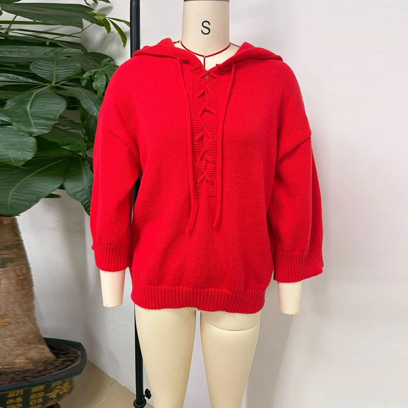 New Fashion Hoodies Sweater Women Casual Loose 3/4 Sleeve Drawstring Sweaters For Women Autumn Winter Jumper Pullover