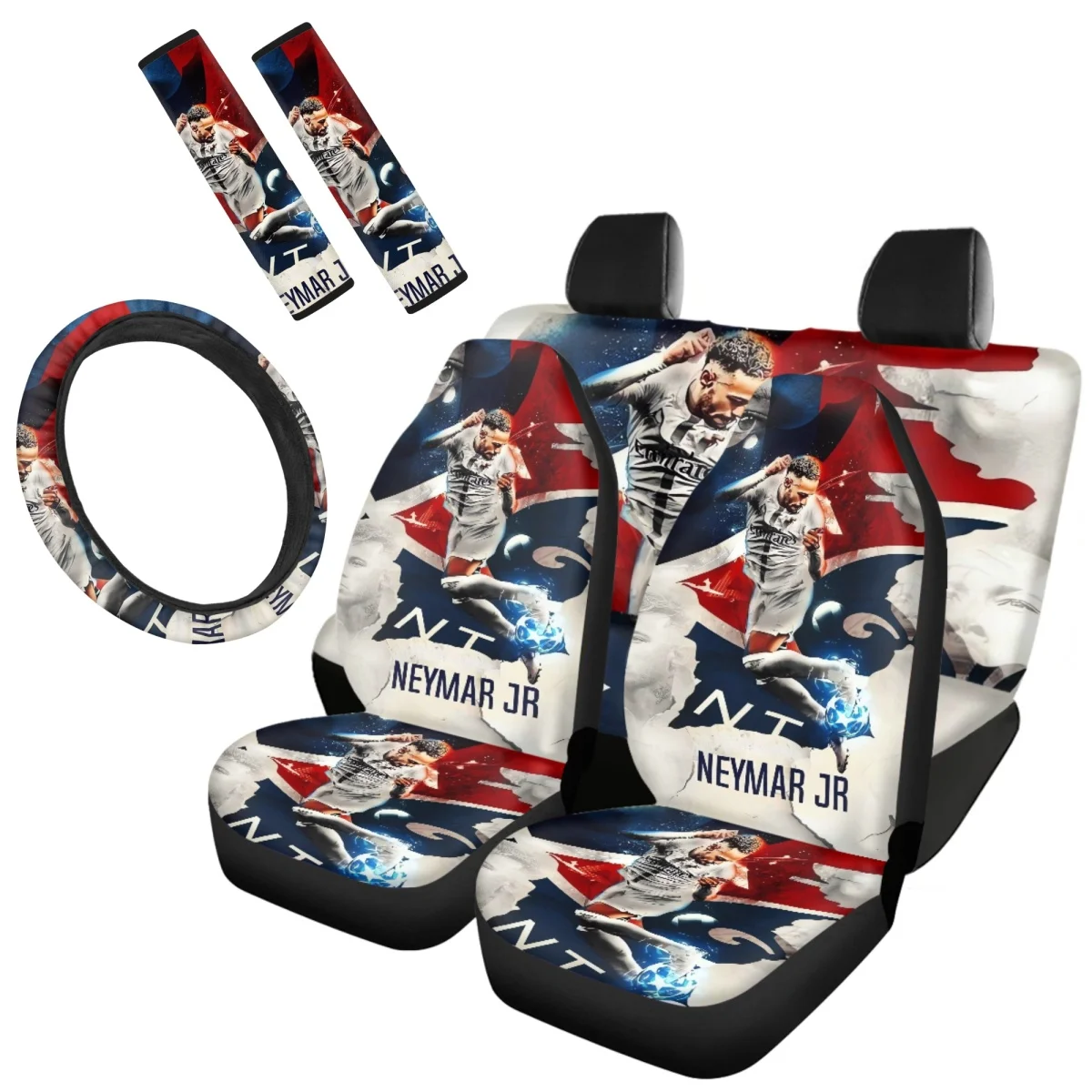 Football Player Ney-mar Print 7Pcs Car Accessories Easy Installation Seat Belt Steering Wheel Covers Front Back Seat Cover Set