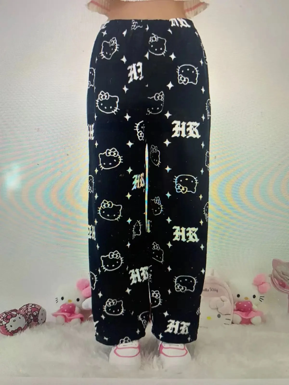 Kawaii Sanrio HelloKitty Pajama Pants Anime Fleece Double Elastic Fabric Soft Trousers Women Trousers Halloween Casual Pants Y2K