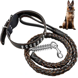 Cowhide collar+leash strong Real big dog collar High quality sewing Strong Safety Chain Rope Medium Large Dogs Pet Supplies
