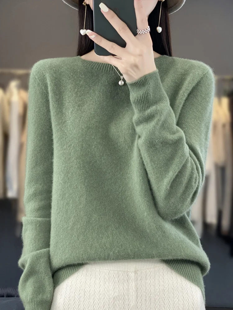 New autumn and winter 100% Merino pure color O-neck cashmere sweater women\'s casual knitted top pullover