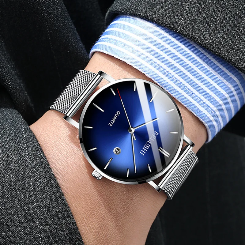 ساعة كوارتز رجالية من BELUSHI باللون الأزرق الفاتح رفيعة للغاية ساعة يد رجالية عصرية صديقة للطلاب مقاومة للماء كوارتز #5