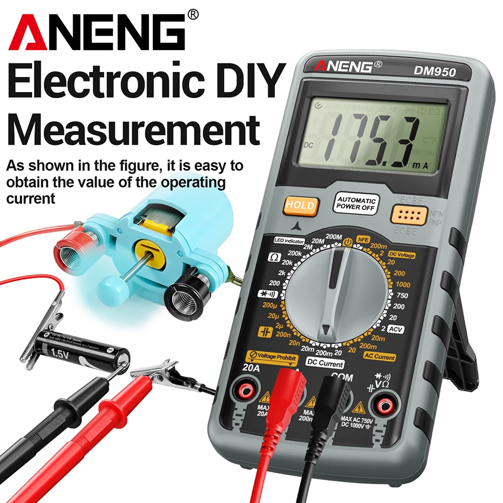 

Многофункциональный цифровой мультиметр-тестер ANENG DM950 с 1999 показаниями, измерением напряжения AC/DC, тока и транзисторов hFE, профессиональный детектор