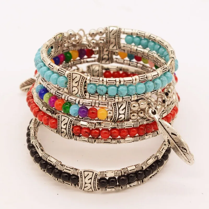 Ethnic Vintage Tibetan Feather Colorful Beaded Bracelet Women's Gypsy Bohemian Party Favor Auspicious Gift Accessories