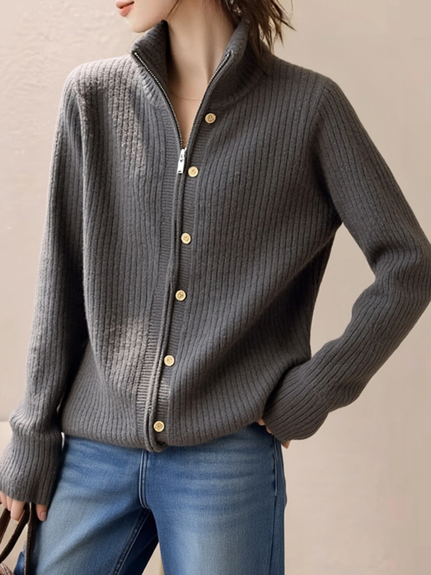 الشتاء الكورية Sle سترة مشغولة من الصوف سستة طويلة Sve ey الراقية تخفيف المرأة Faion Ele ملابس خارجية #5