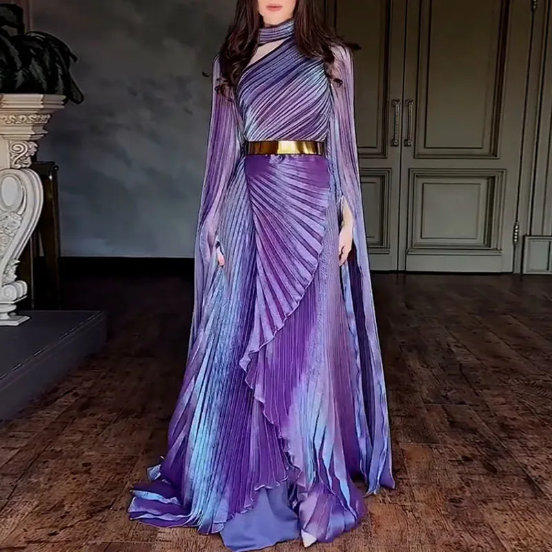 Elegant Solid Flared Sleeve Fold Dress Lady Temperament High Waisted Evening Dress Sexy Slim Crew Collar Floor-length Long Dress