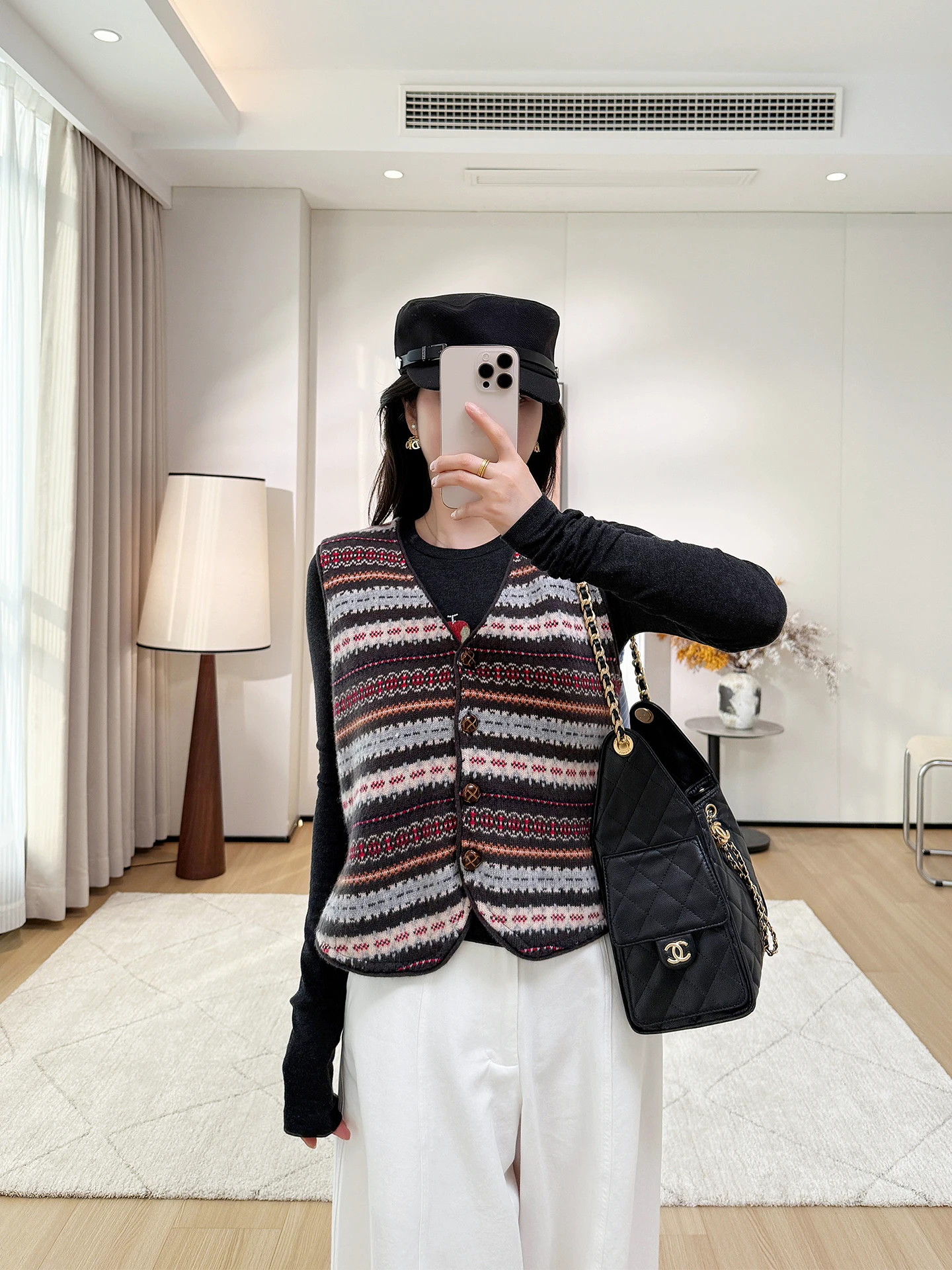 

Original Yarn Wool Knitted V-Ne Ba Patchwork Sweater Vest Women's Brown Blue Floral Embroidery Top Straight Tube pe