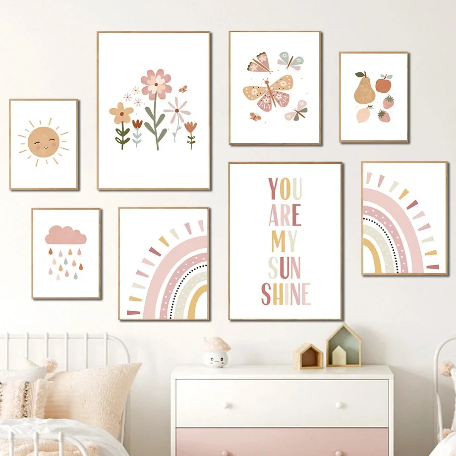 Pink Sun Cloud Rainbow Flower Butterfly Nursery Nordic Posters And Prints Wall Art Canvas Painting Pictures Baby Kids Room Decor