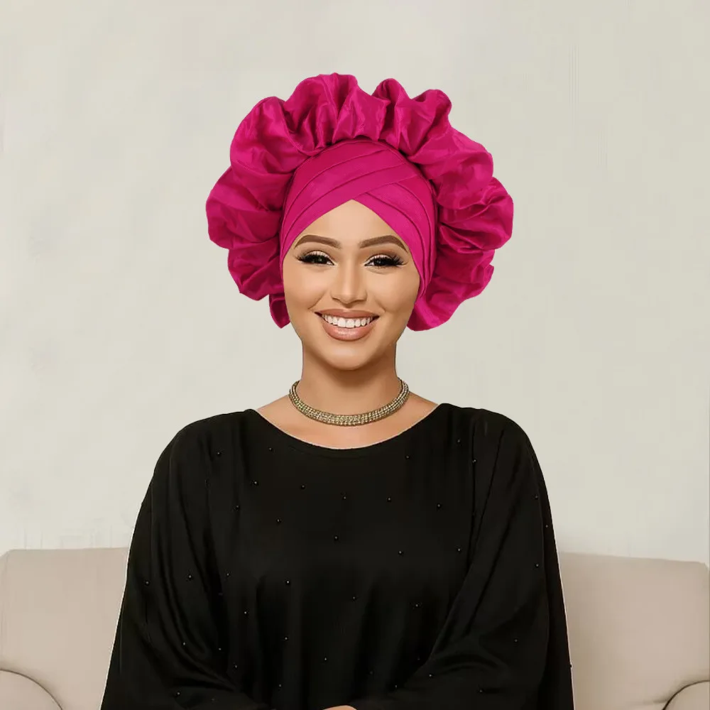 Vendita calda Front Cross Auto Gele già realizzato Copricapo africano Aso Oke Nigeria Ruffles Cap Cravatta per la testa Turbante Copricapo da donna da sposa
