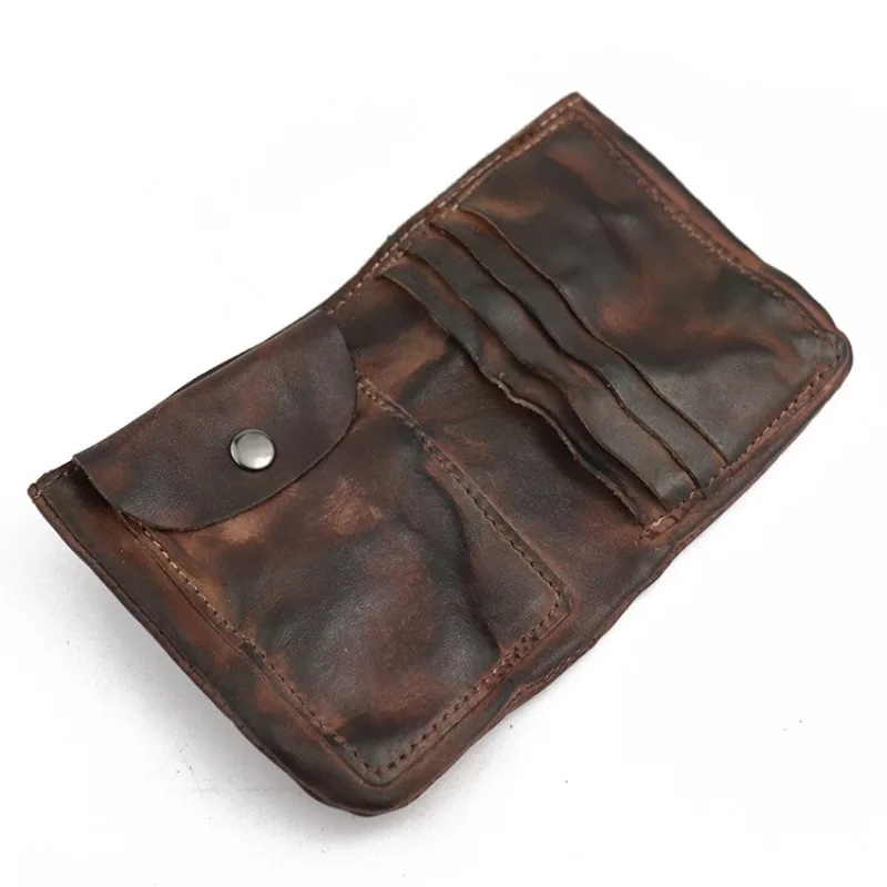 Japanese Cowhide Men\'s Fashion Zero Wallet Layer Vegetable Tanned Leather Short Wallet Large Money Clip Fold Card Bag