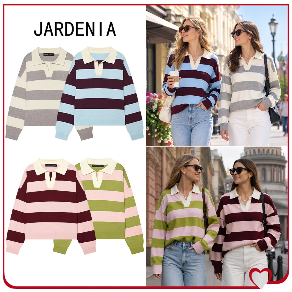 Elegant Fashion Striped Knit Polo Shirts for Women Classic Polo Neck and Long Sleeves Sweaters New in Autumn Relaxtion Knitwears