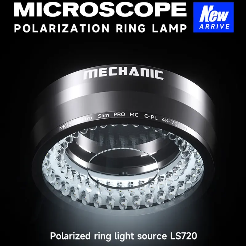 Mechanic LS720+ Polarized Ring Light Source - Anti-Glare 720 LED Coaxial Light for Microscope/SMD Inspection, 8-Level Brightness