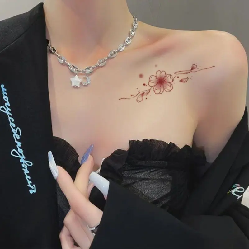 Sakura Temporary Tattoo for Women Clavicle Shoulder Art Flower Tattoo Stickers Japanese Pink Cartoon Fake Floral Sticker