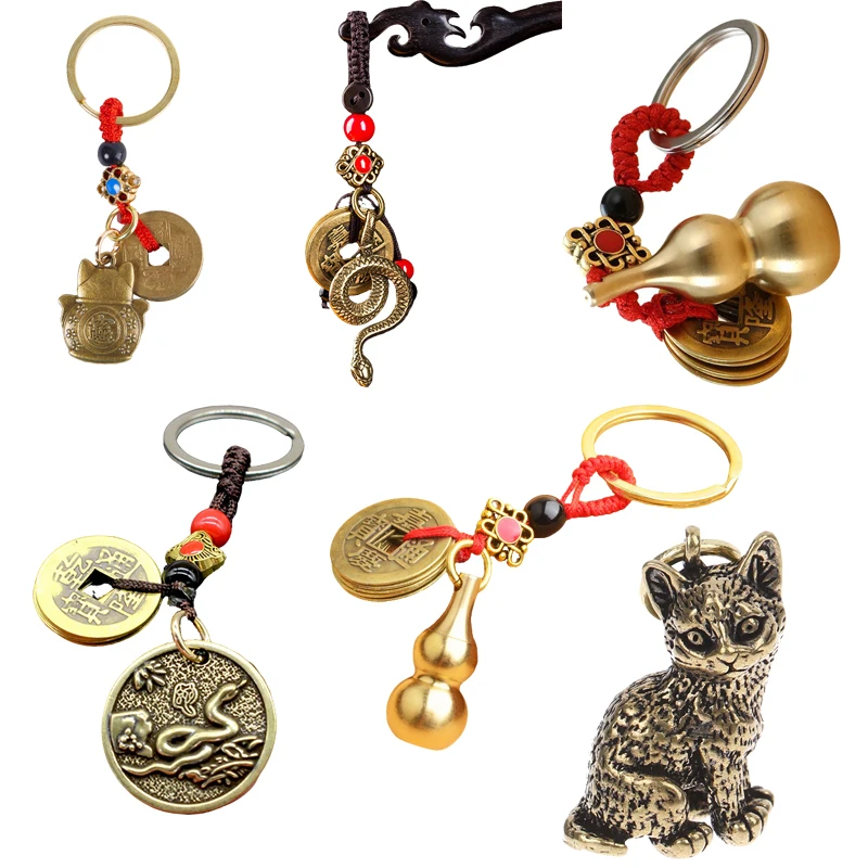 Hot البيع 1 قطعة النحاس النقي اليدوية محظوظ القط سيارة المفاتيح محظوظ القط خمسة الإمبراطور المال المفاتيح فنغ شوي عملات محظوظ حلقات المفاتيح