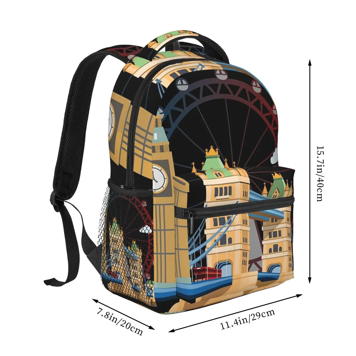 London Big Ben Ferris Wheel And Bus Student Backpack School Bag Hiking Travel Daypack for Boys Girls Bookbag Shoulder Bags