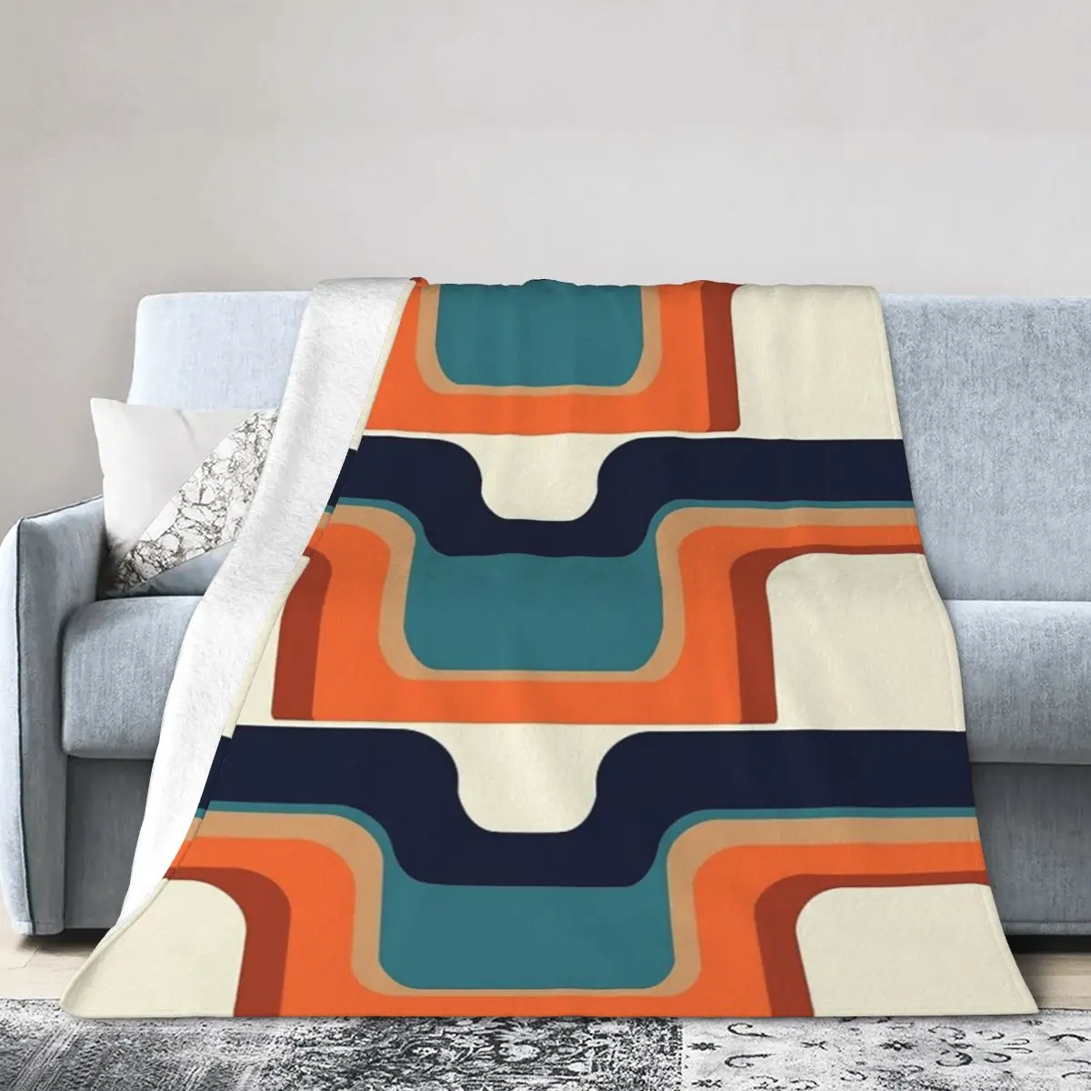 Flannel Throw Blanket Mid-Century Modern Meets 1970s Orange And Blue Blankets Soft Bedding Warm Plush Blanket for Picnic Travel