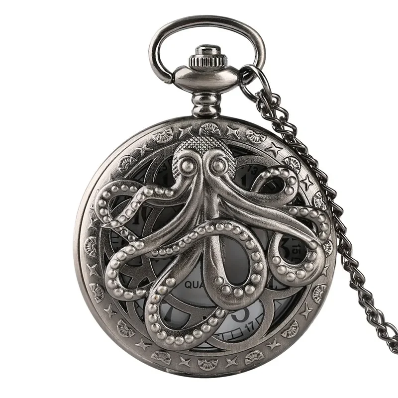 Antique Hollow Octopus Design Men Women Quartz Pocket Watch Arabic Number Clock Necklace Pendant Chain Timepiece Gift