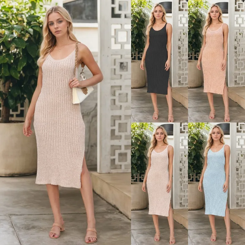 

2025 Summer Women's Midi Dress High Slit Casual Swing Dress Amazon Bestseller Ladies Elegant Tiered Ruffle Hem