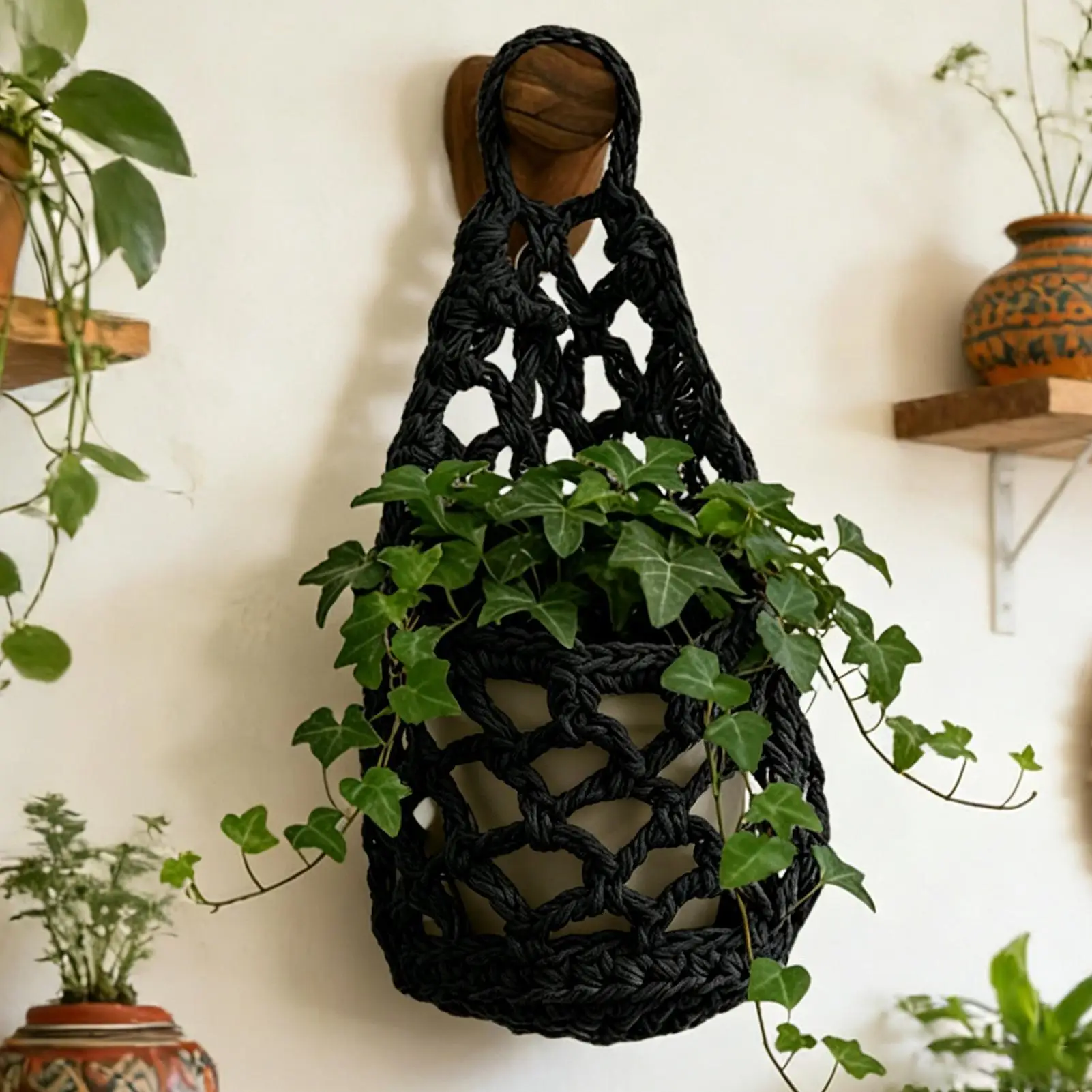 Boho Macrame Plant HangerBasket for Succulents Cotton Rope Woven Hanging Basket with Net Pouch Home Decoration Organizer