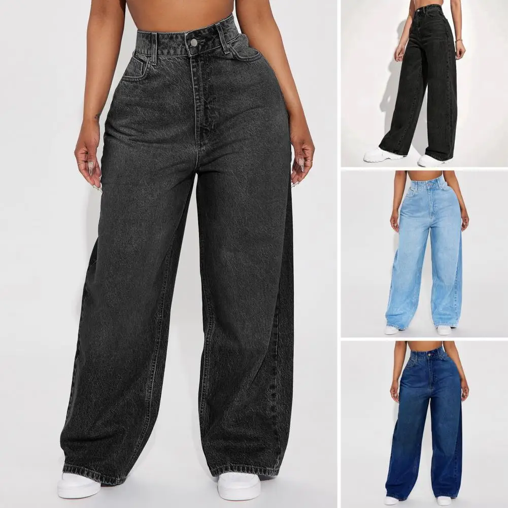 

Джинсы с высокой талией для женщин, эластичные широкие джинсы с карманами, повседневные прямые брюки, летние и осенние женские джинсовые брюки